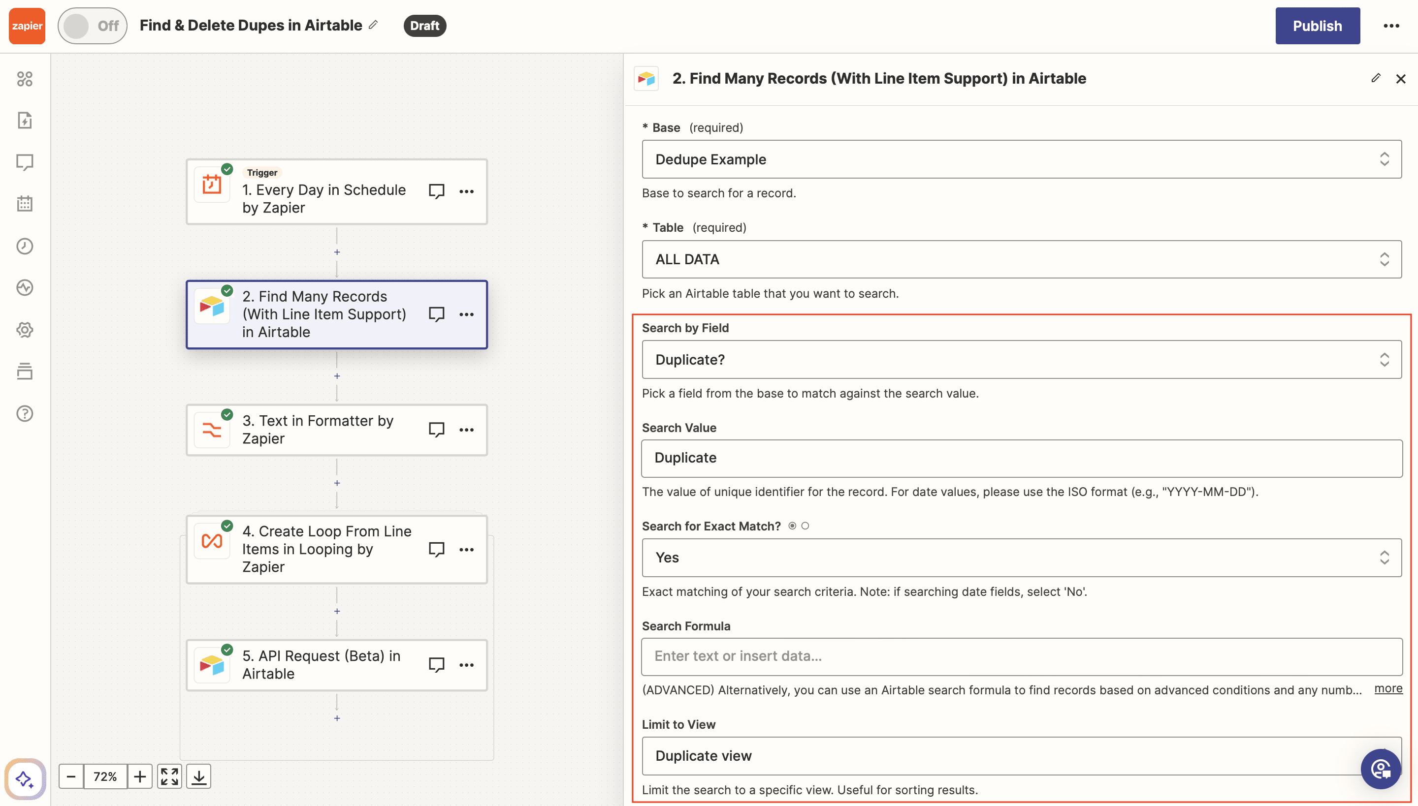 Screenshot of Zapier Airtable find many records with line item support action setup