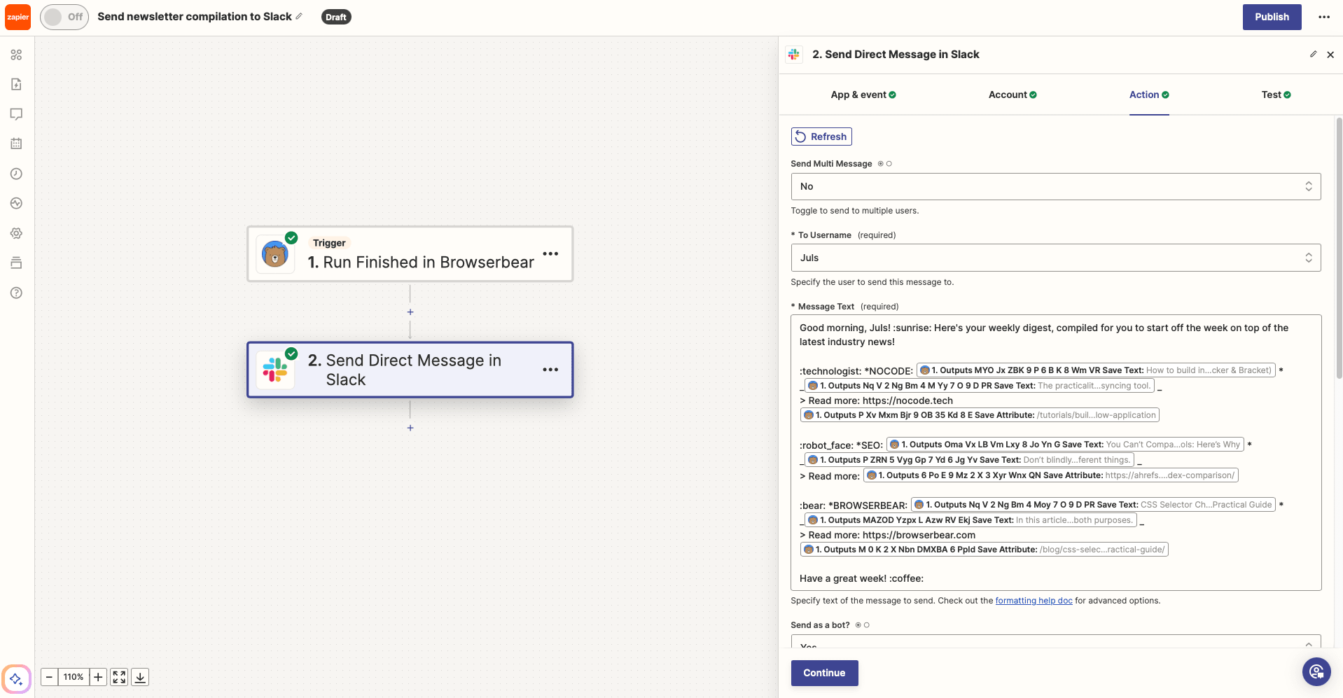 Screenshot of Zapier Slack send direct message action