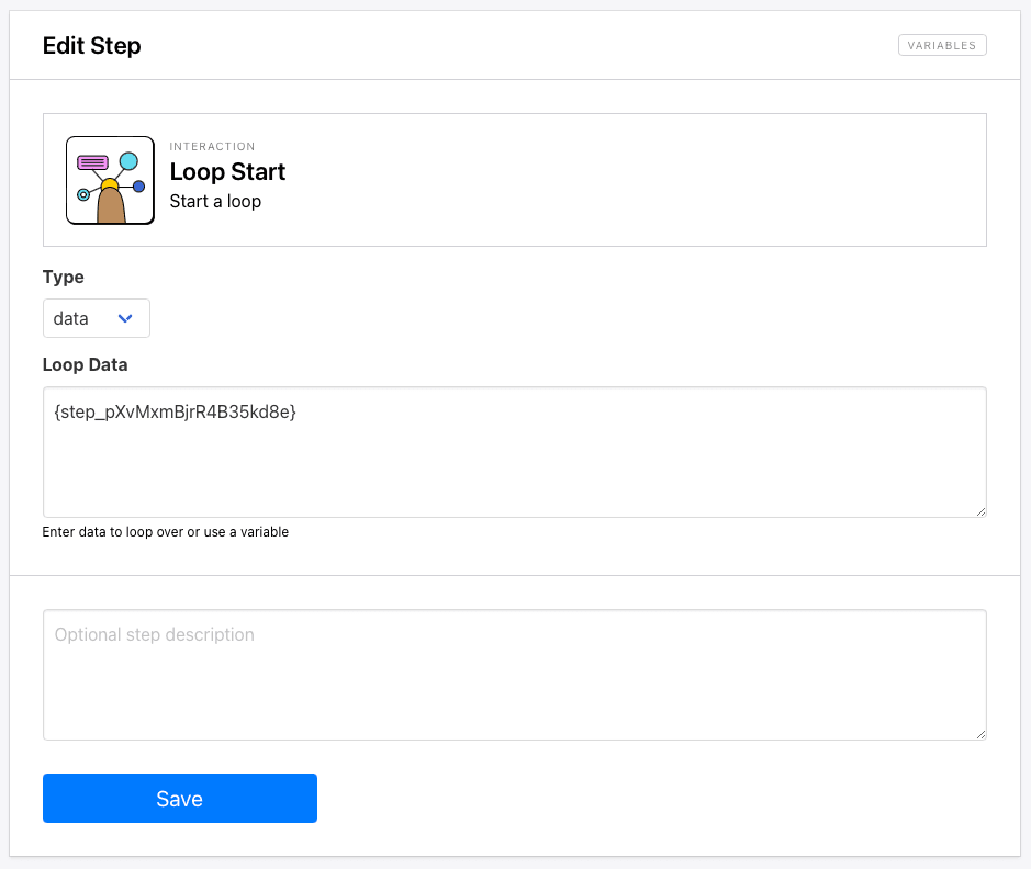 Screenshot of Browserbear loop start step setup