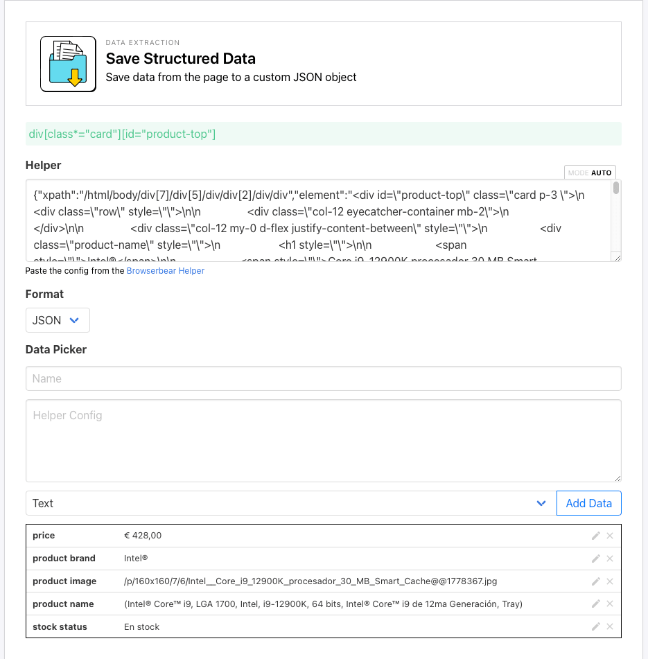 Screenshot of Browserbear save structured data step setup