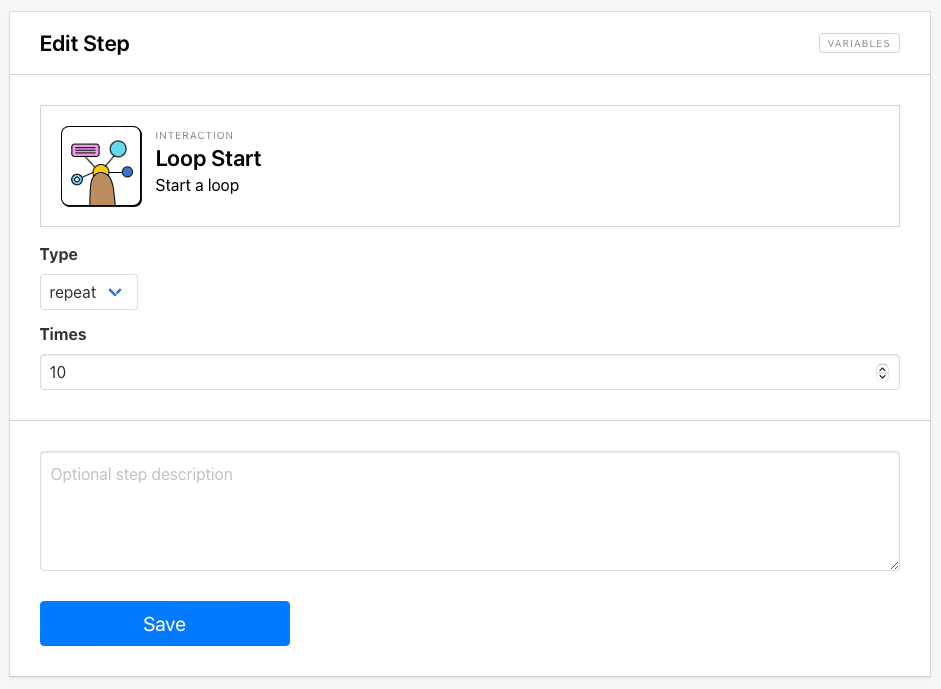 Screenshot of Browserbear loop start step setup
