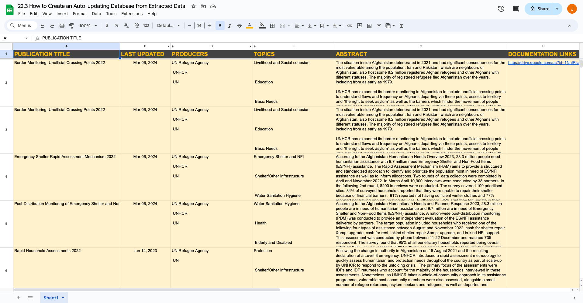 Screenshot of Google Sheets sample database