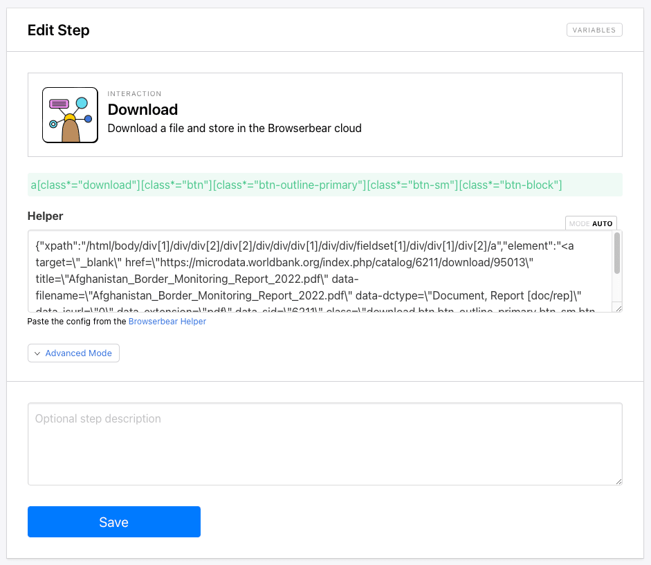 Screenshot of Browserbear download step