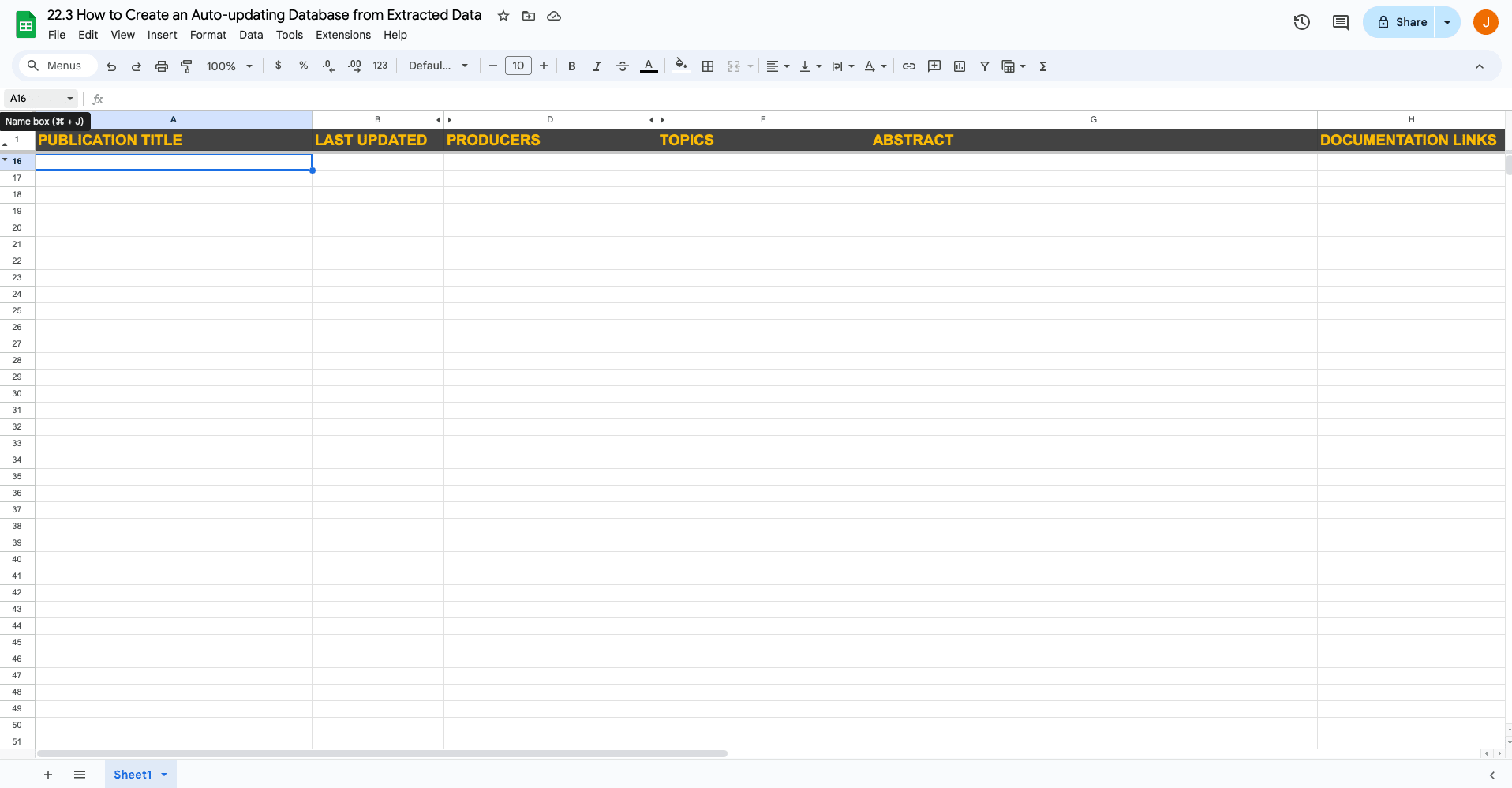 Screenshot of Google Sheets spreadsheet with headers