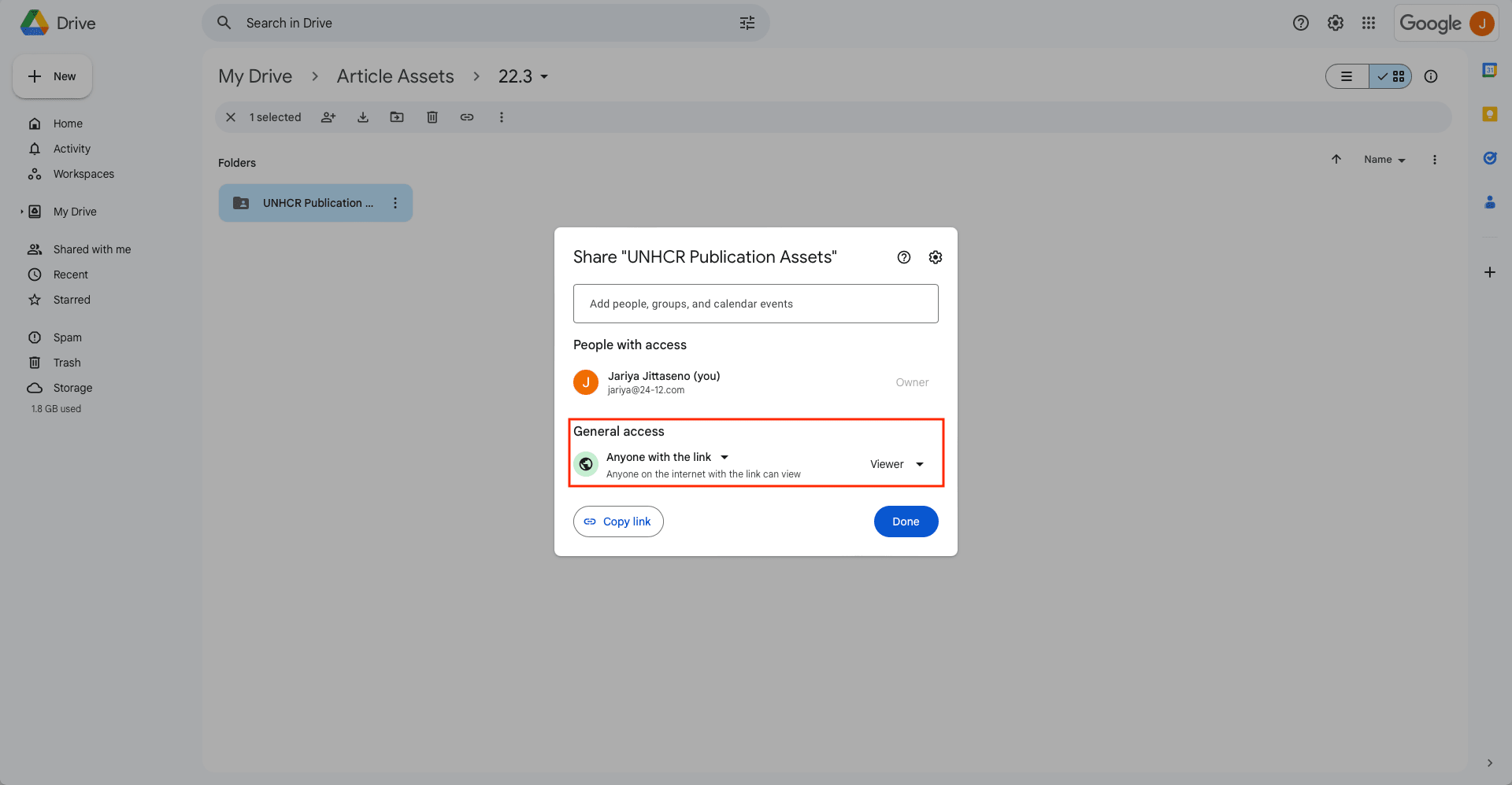 Screenshot of Google Drive folder sharing options