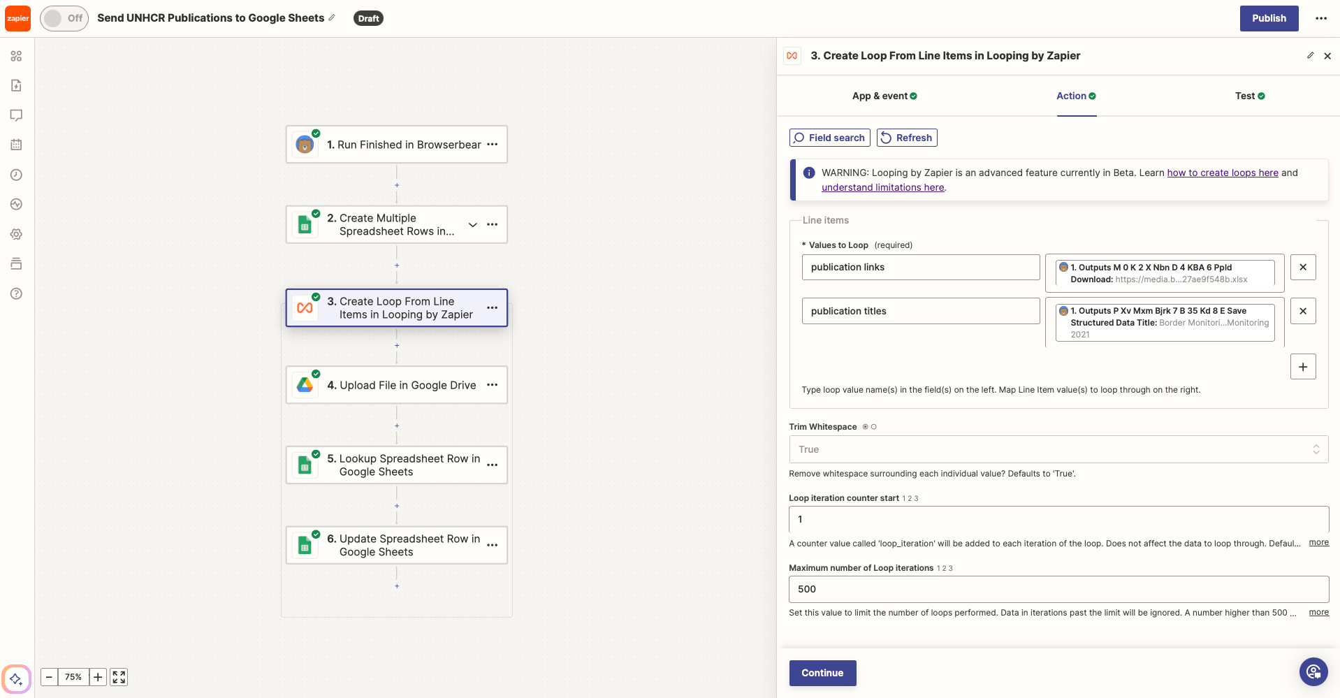 Screenshot of Zapier Looping by Zapier create loop from line items action