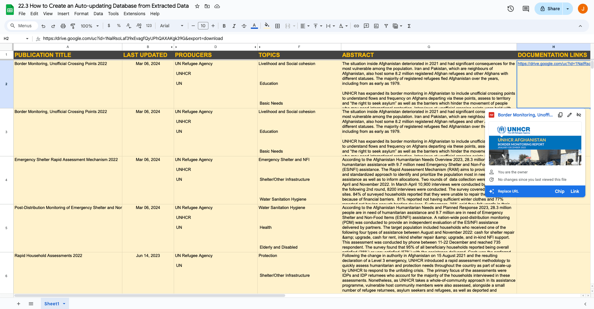 Screenshot of Google Sheets sample database with asset link