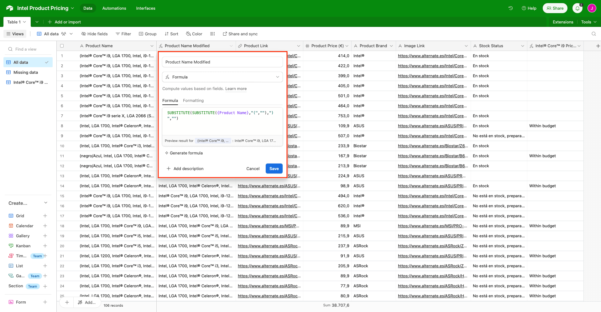 Screenshot of Airtable formula to clean pricing data